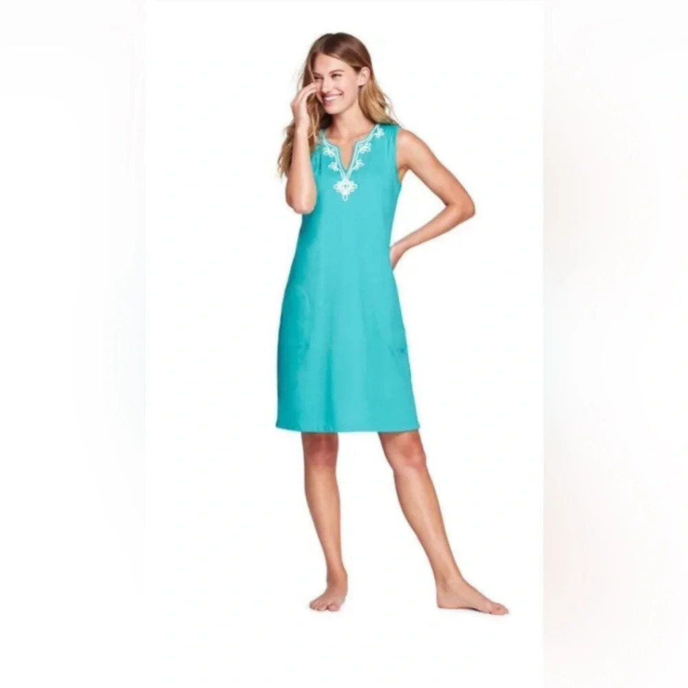 Lands End Women' Cotton Jersey‎ Tunic Dress Cover-up Capri Aqua Embroidery
